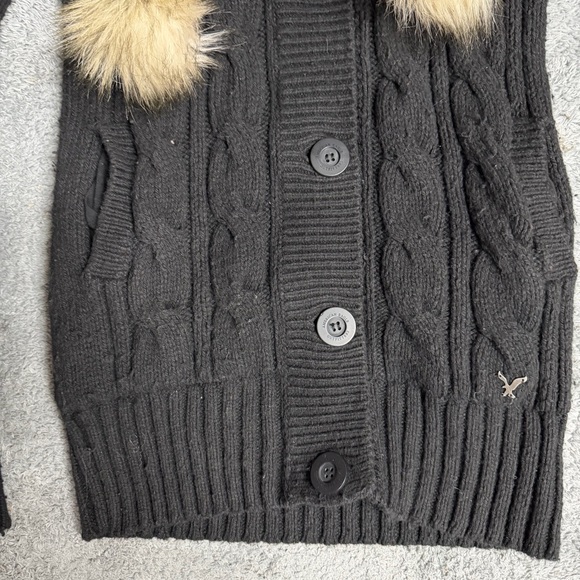 Y2K American Eagle Coquette Cable Knit Fur Hood Pom Pom Sweater Size XS - Picture 6 of 10